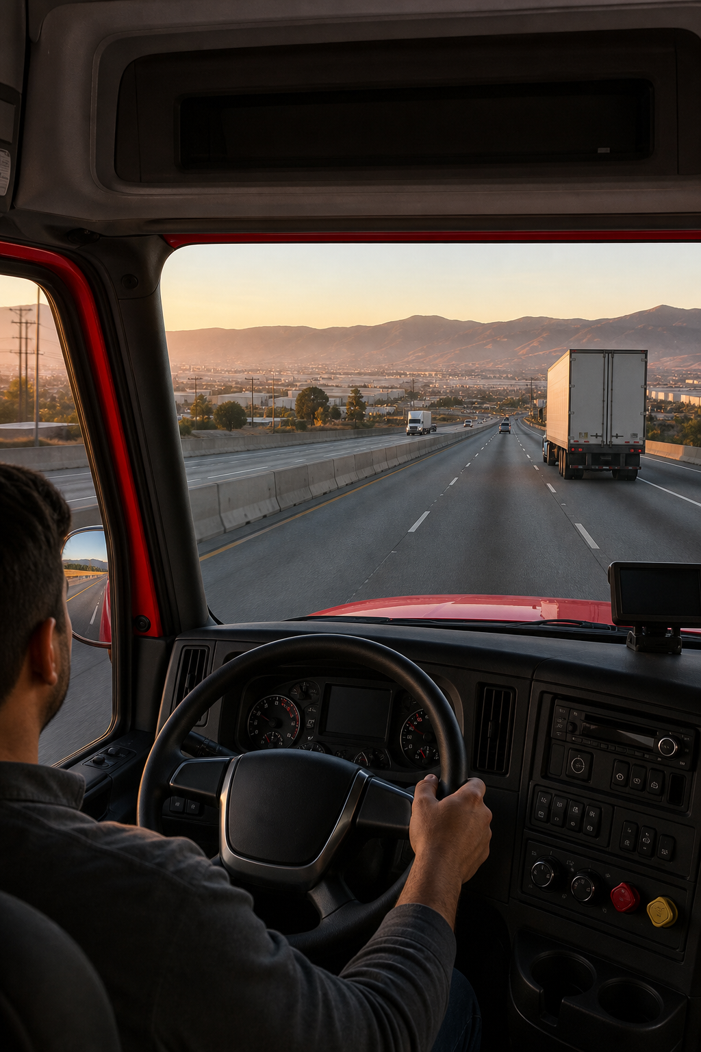 A realistic scene of a tractor‑trailer on a highway in the Inland Empire, early morning light, showing the driver’s cabi