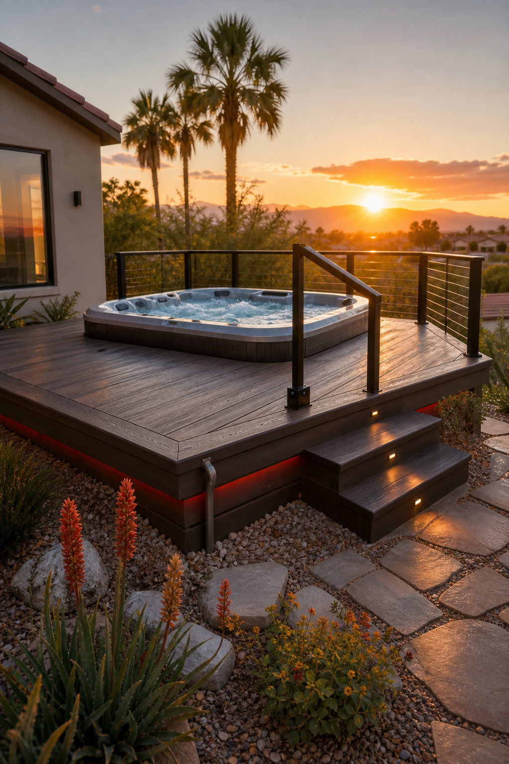 hot tub deck layout with safety rail and drainage.