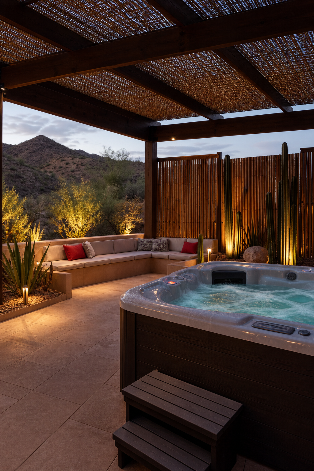 comfortable hot tub deck with shade and privacy elements.