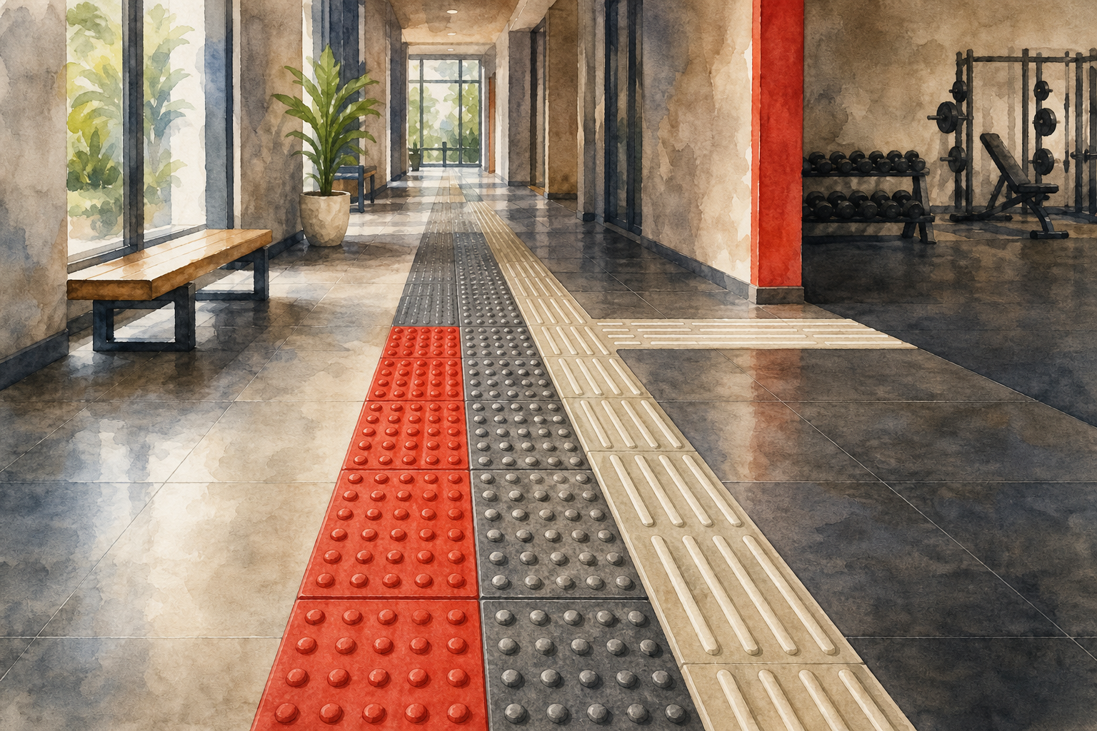 Watercolor illustration of a gym hallway with tactile floor tiles in different materials, showing texture and color cont