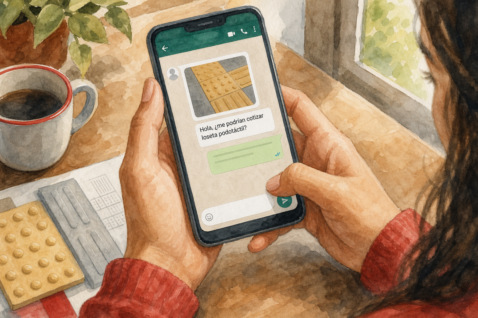 Watercolor scene of a person sending a WhatsApp message on a smartphone, the chat window showing a request for a tactile