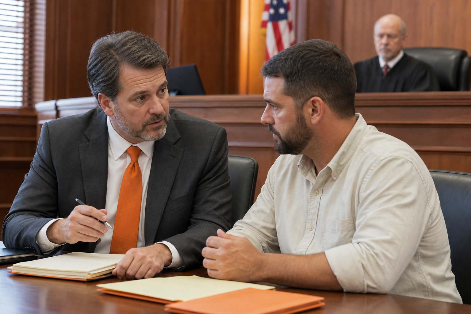 A photorealistic courtroom scene showing a maritime injury plaintiff speaking with their lawyer, with a judge’s bench in the