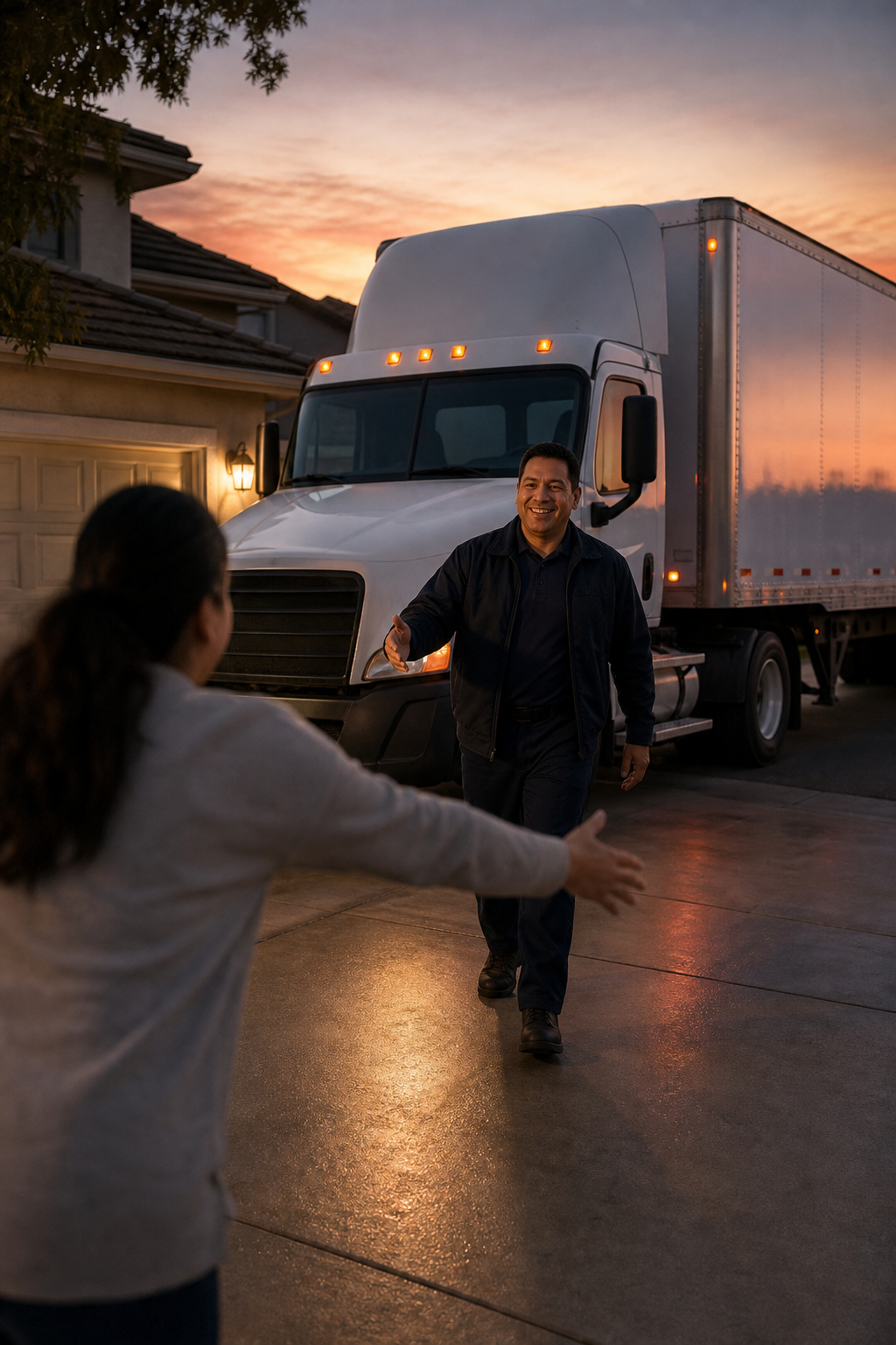 A realistic scene of a FedEx linehaul truck pulling into a driveway at dusk, with a driver stepping out to greet a famil