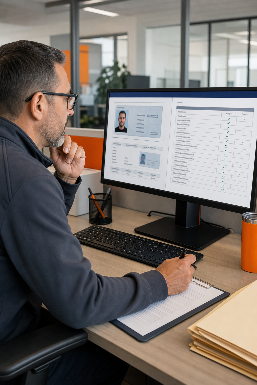 A realistic office setting where a recruiter reviews a driver’s CDL and safety record on a computer screen, emphasizing 