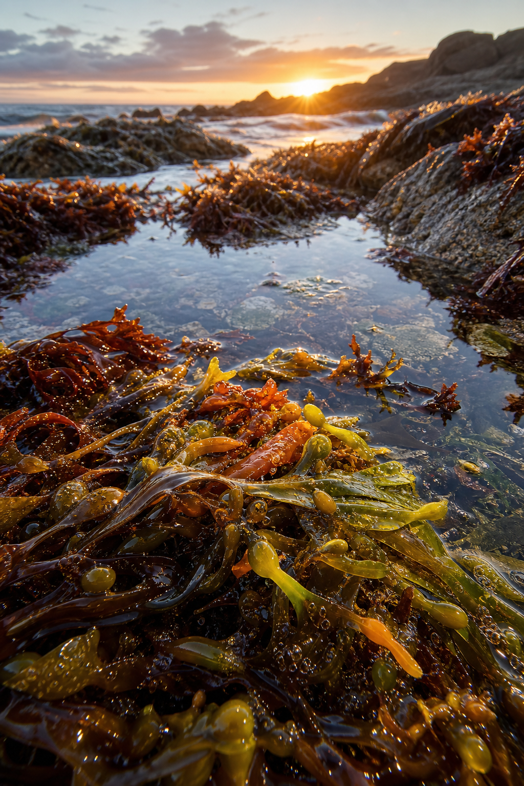 A realistic scene of a tide pool with vibrant seaweed and droplets of water, soft sunrise lighting, alt: seaweed‑rich mo