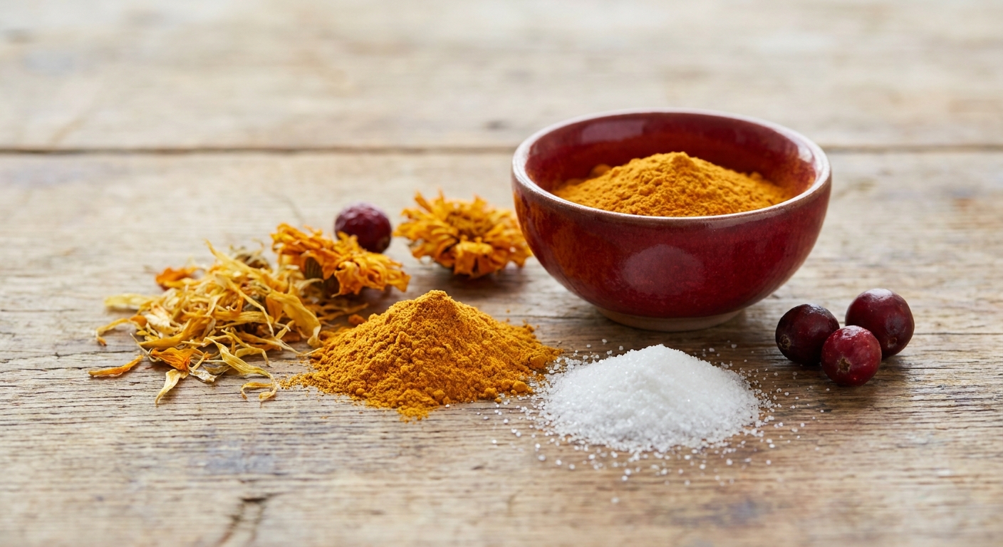 A photorealistic close‑up of natural eye‑health ingredients like lutein, zeaxanthin, and hyaluronic acid powder on a woo
