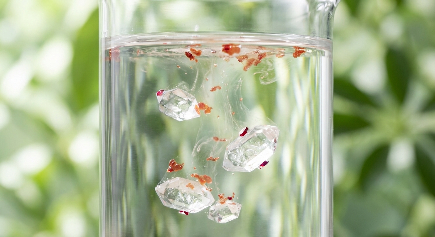 A realistic illustration of vitamin C crystals and flavonoid molecules dissolving into a clear liquid, set against a sof