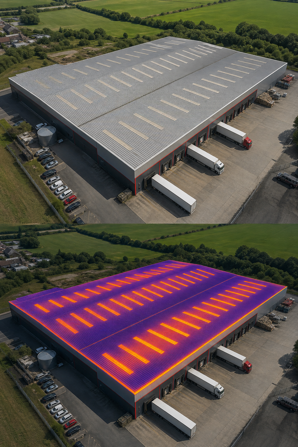 A realistic aerial view of a large commercial warehouse roof captured by a drone, showing high‑resolution imagery and th