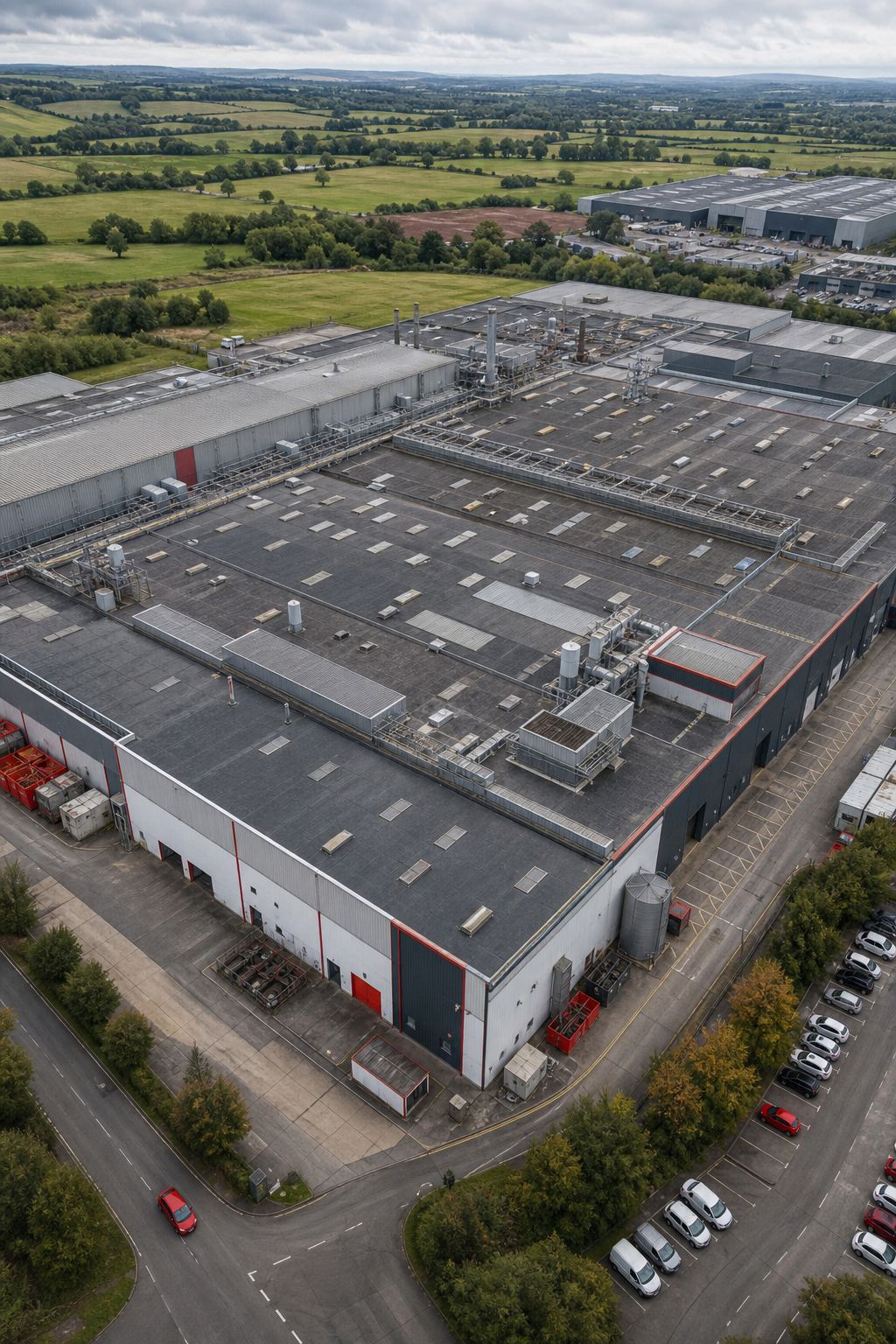 A realistic drone flying over a sprawling factory roof, capturing high‑resolution orthomosaic imagery