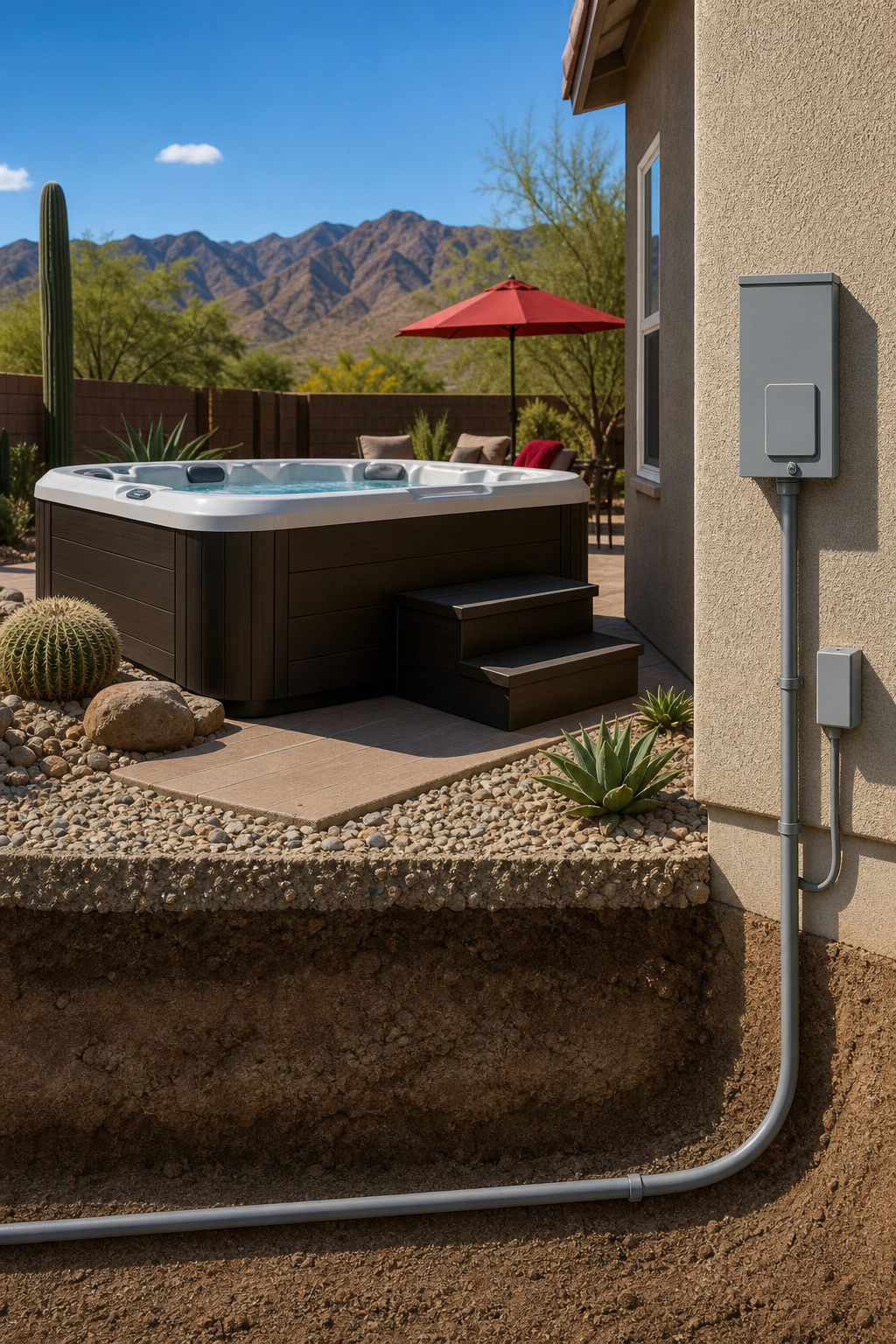 A realistic illustration of a backyard with a hot tub, showing a buried conduit and a dedicated 240‑volt breaker panel,