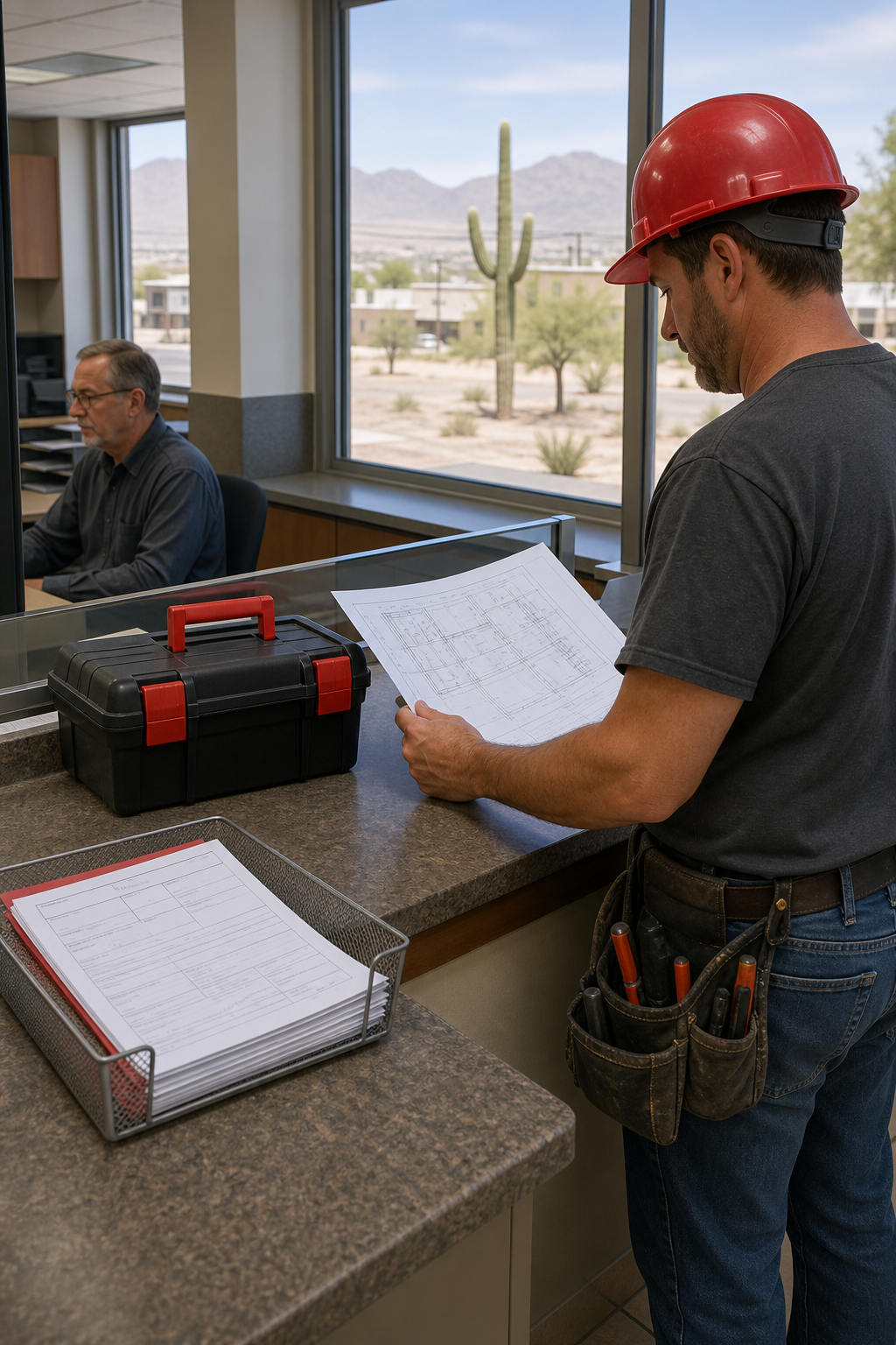 A realistic scene of a city building department office with a permit application form, a toolbox, and an electrician rev