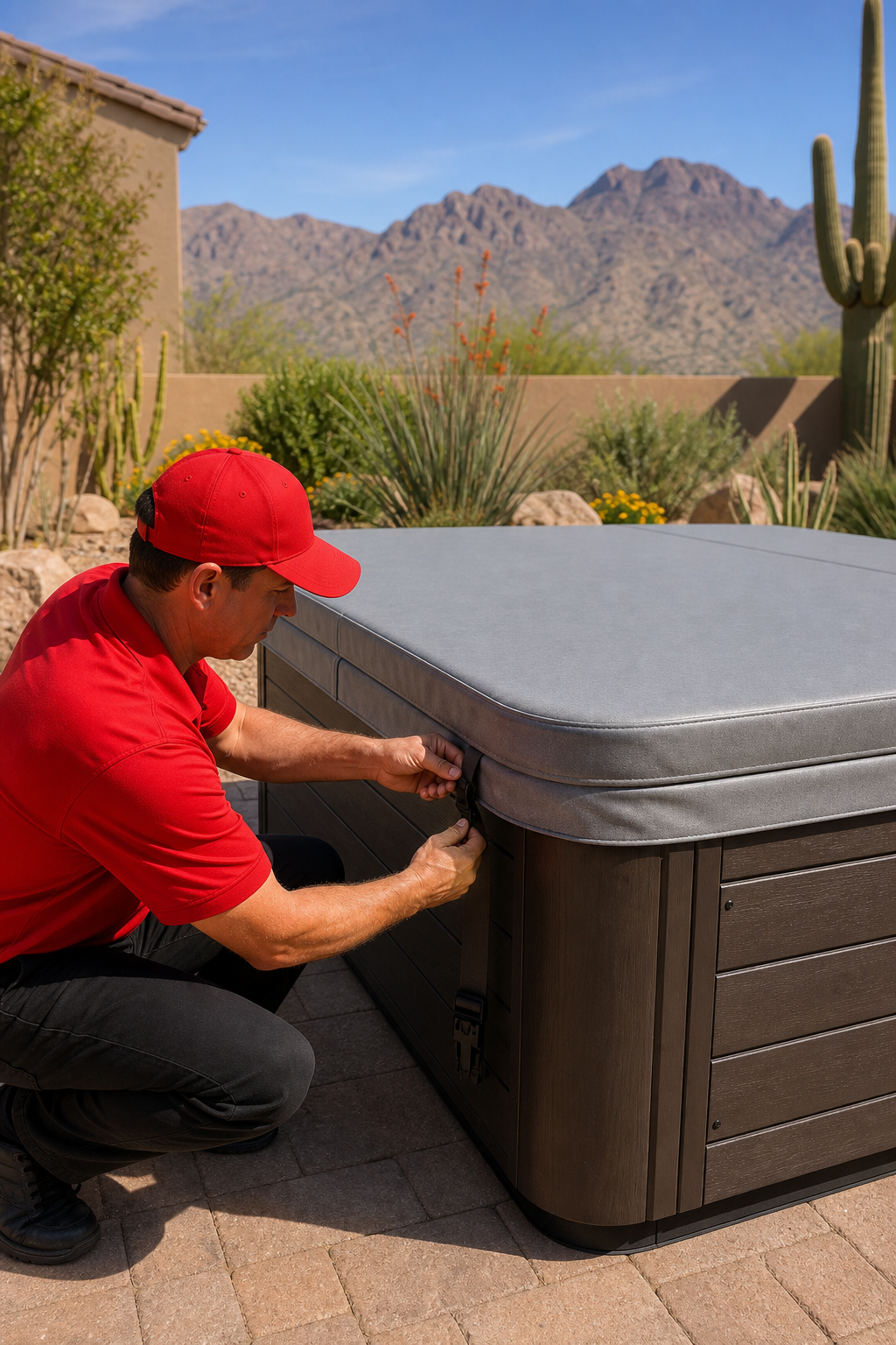 installing hot tub evaporation cover in desert backyard