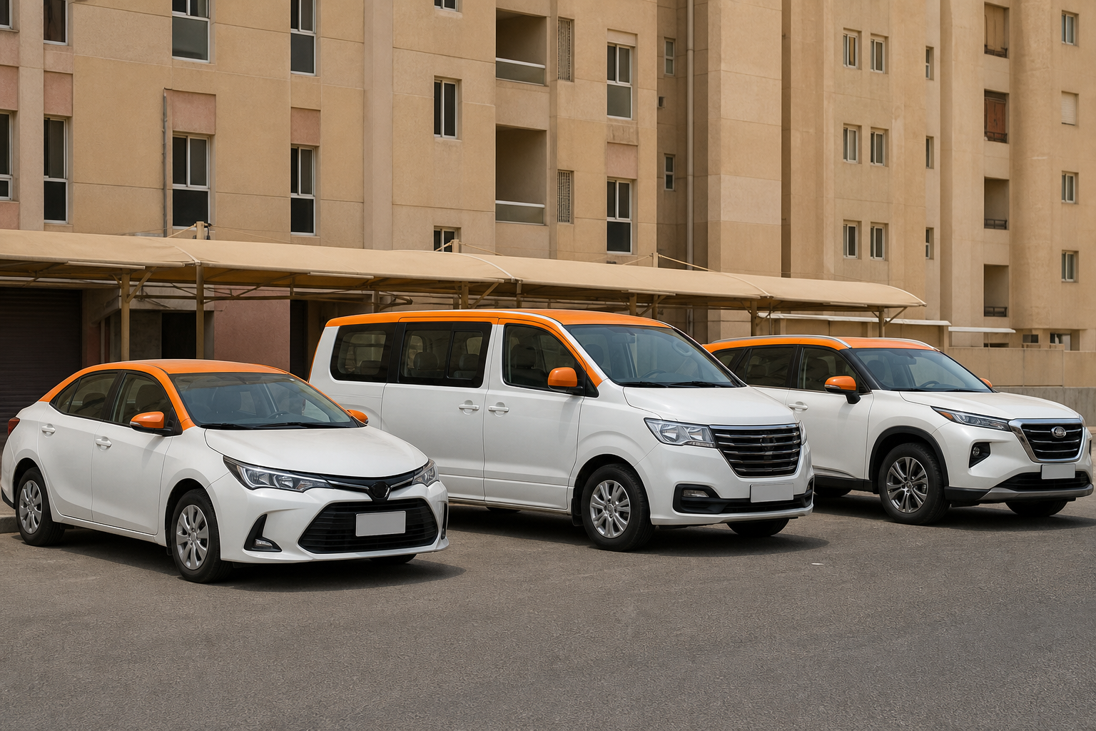 صورة لسيارات تاكسي متنوعة (سيدان، فان، SUV) متوقفة أمام مبنى سكني في المهبولة، إضاءة نهارية، تركيز على العلامة التجارية،