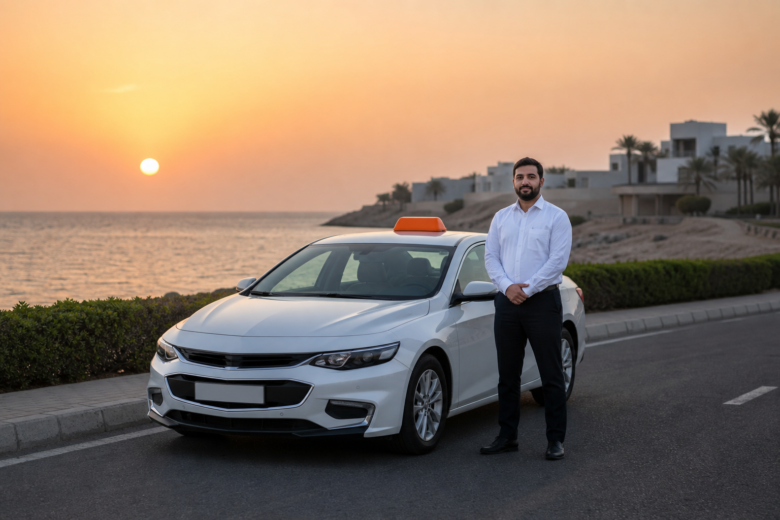 A realistic scene of a modern taxi waiting at a coastal road near Khairan chalets, with a sunset background, showing the