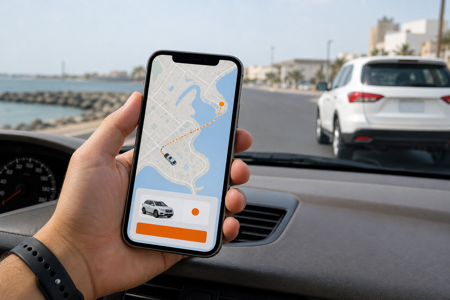 A realistic illustration of a mobile phone displaying a taxi booking app with a map of Khairan, alt="تطبيق حجز تاكسي شال