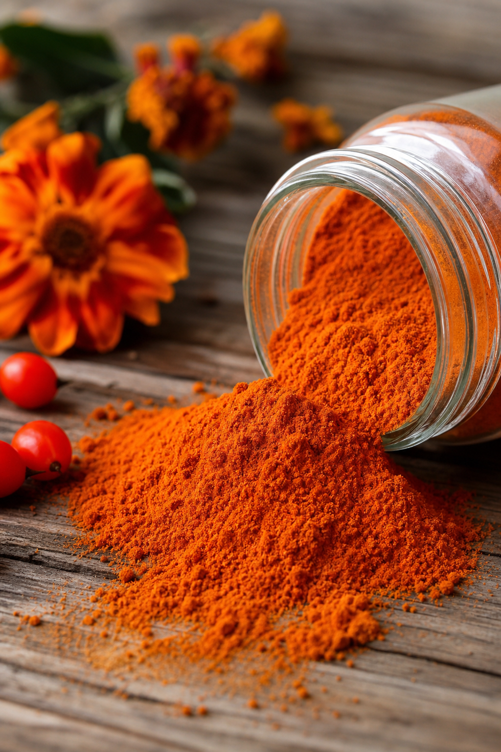 A photorealistic close‑up of lutein and zeaxanthin powder spilling onto a wooden tabletop, soft natural lighting, Realis