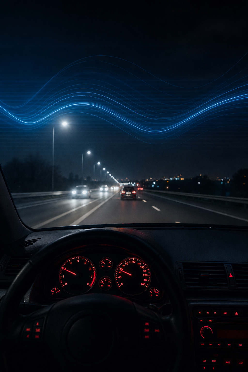 A realistic scene of a night road with streetlights, a car dashboard illuminated, and a subtle overlay of blue‑light wav