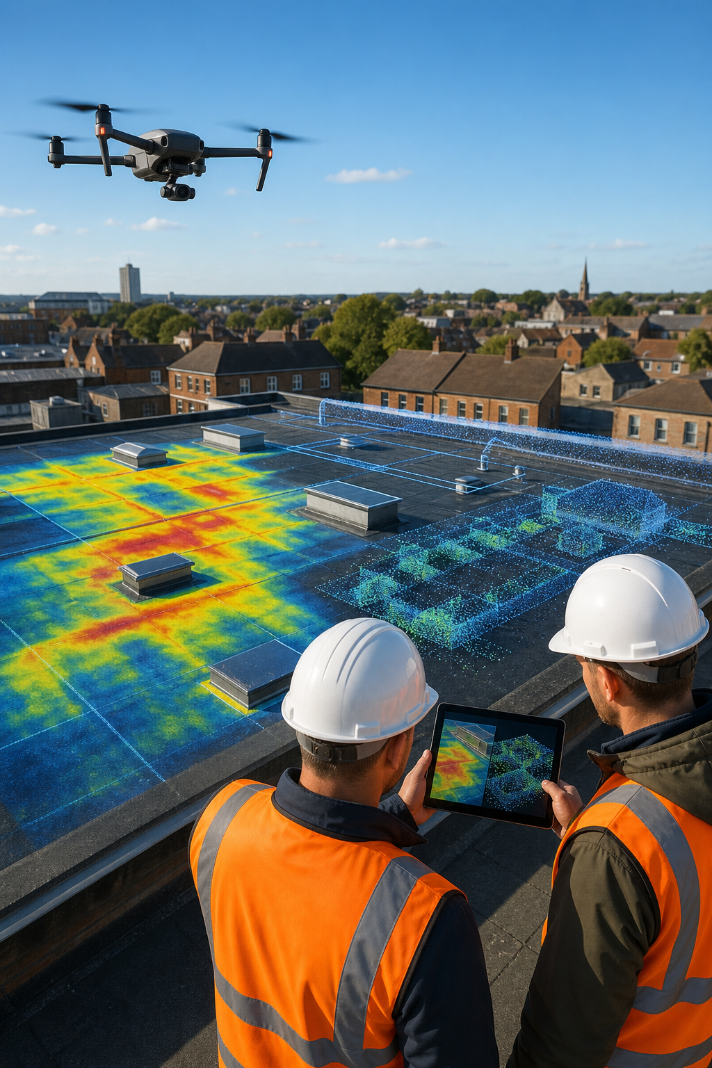 A realistic aerial view of a commercial flat roof with a drone in flight, showing thermal overlay and 3D point cloud, br