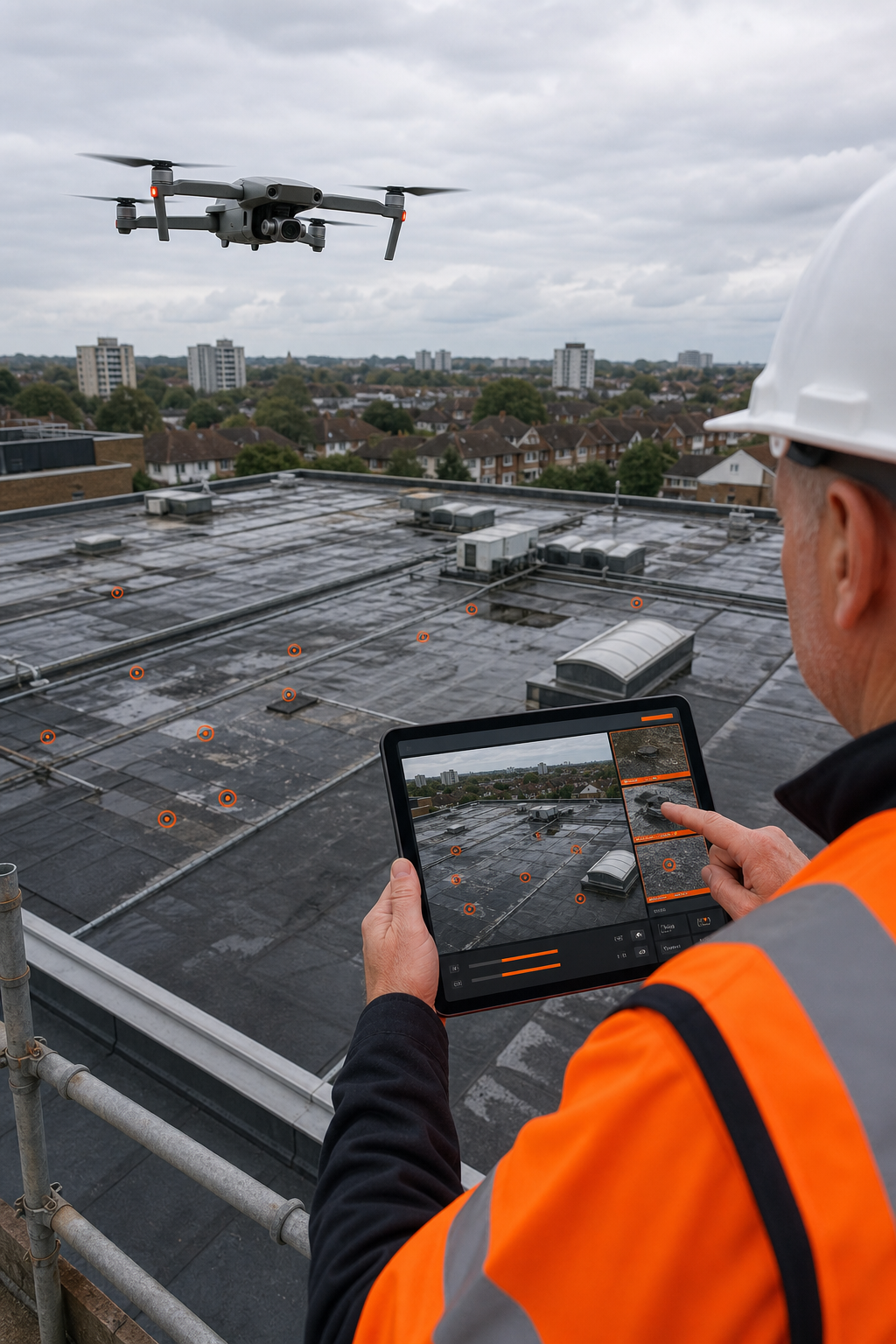 A photorealistic scene of a drone hovering over a large commercial flat roof, with overlay graphics showing defect marke