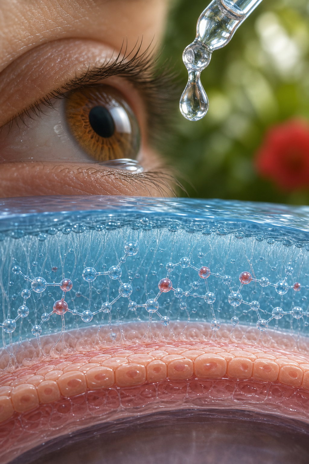 A close‑up photorealistic illustration of a tear film’s three layers with hyaluronic acid molecules highlighted, showing