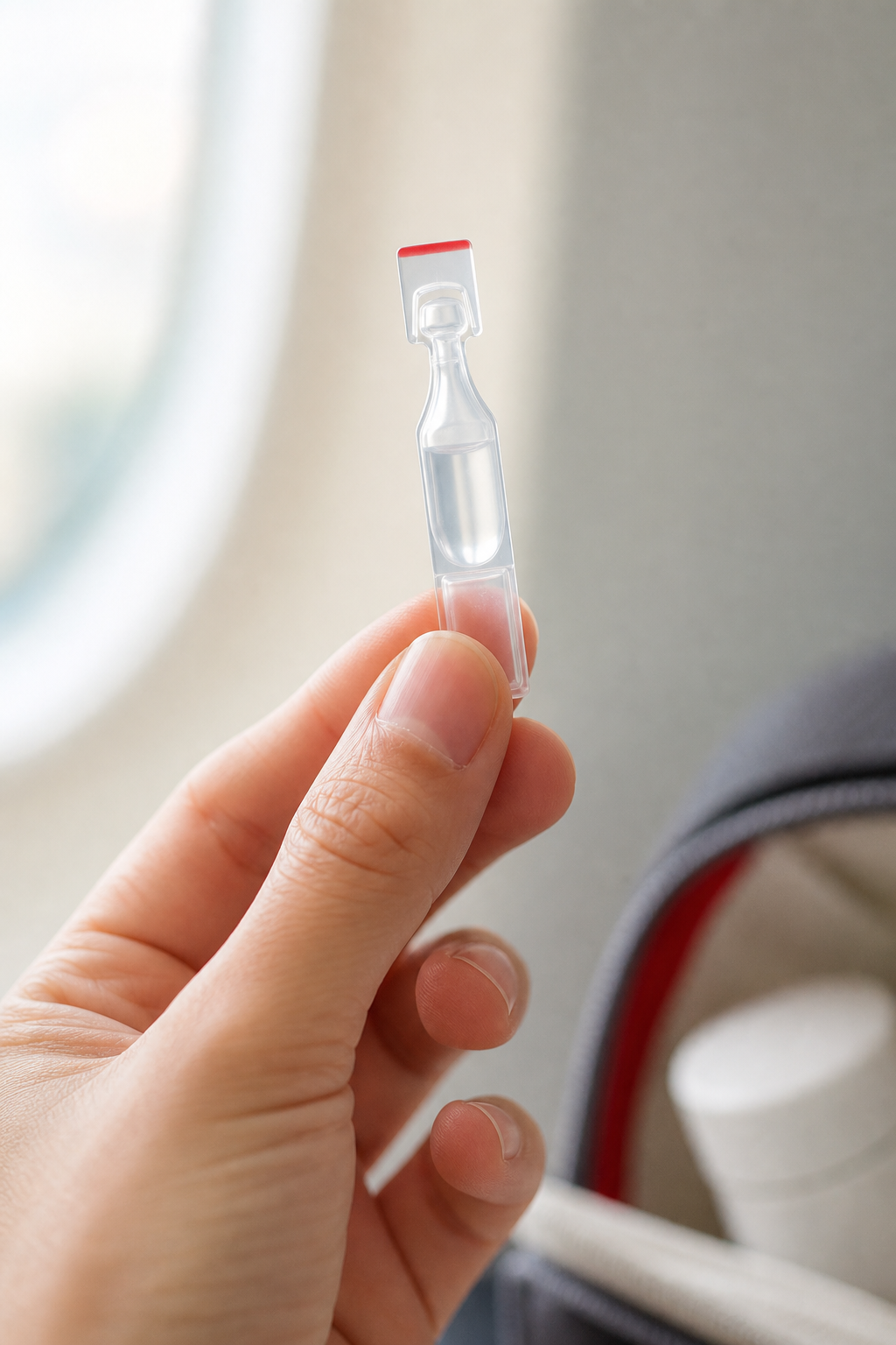 A realistic illustration of a hand holding a tiny single‑dose eye‑drop vial against a soft blurred background, emphasizi