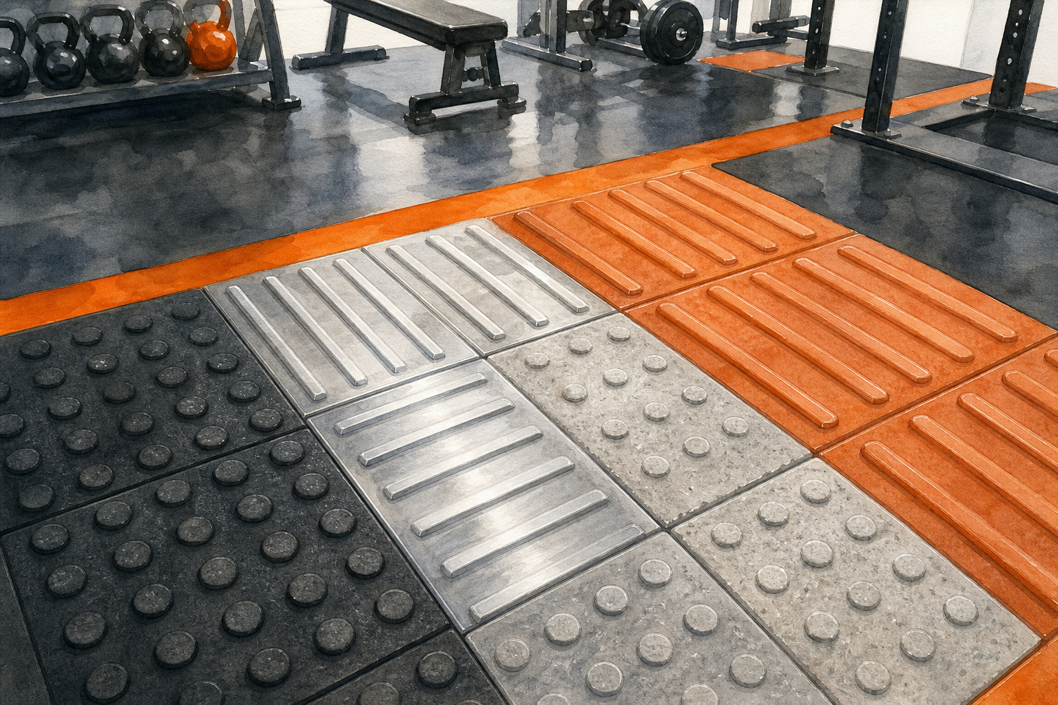 variedad de materiales de losetas podotáctiles para gimnasio