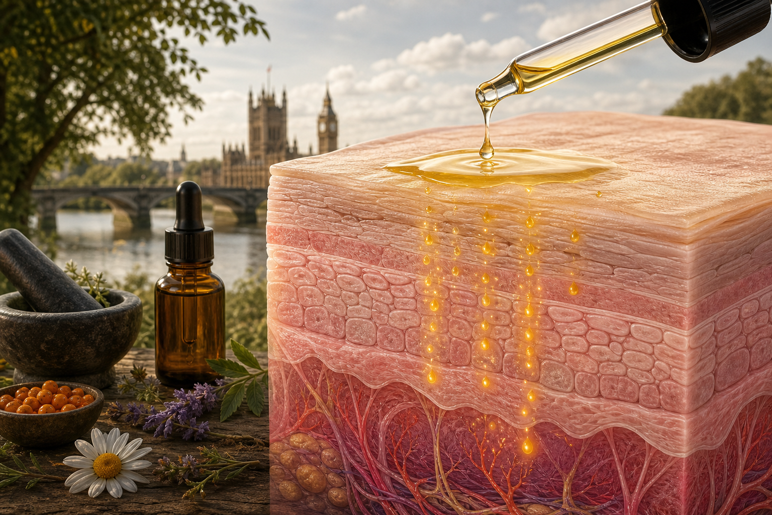 Diagram of skin layers showing oil absorption into epidermis, realistic style, alt: how Ayurvedic face oil penetrates sk