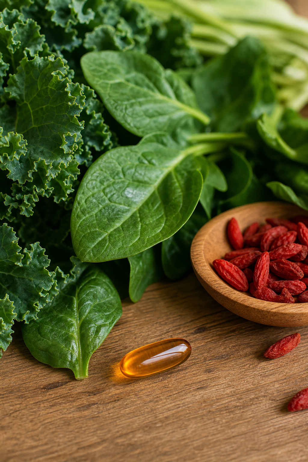 A realistic close‑up of lutein-rich leafy greens and a softgel capsule on a wooden table, natural lighting, alt: lutein 