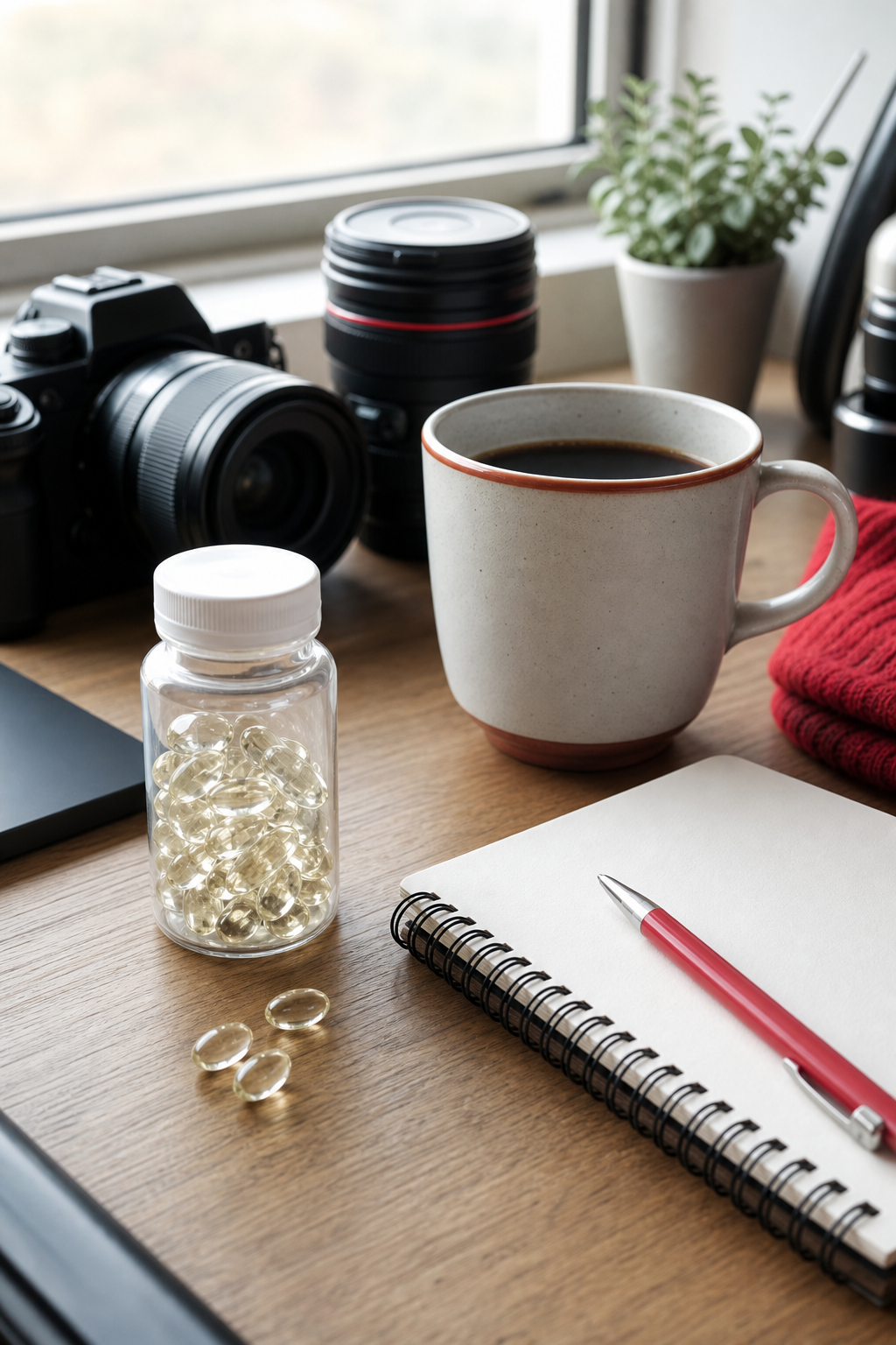 A realistic scene of a photographer’s desk with a cup of coffee, a notebook, and a bottle of clear capsules, alt: budget