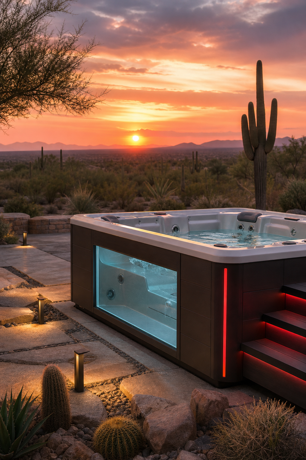 A realistic sunset‑lit desert backyard with a sleek hot tub surrounded by stone pavers and low‑profile lighting, showing