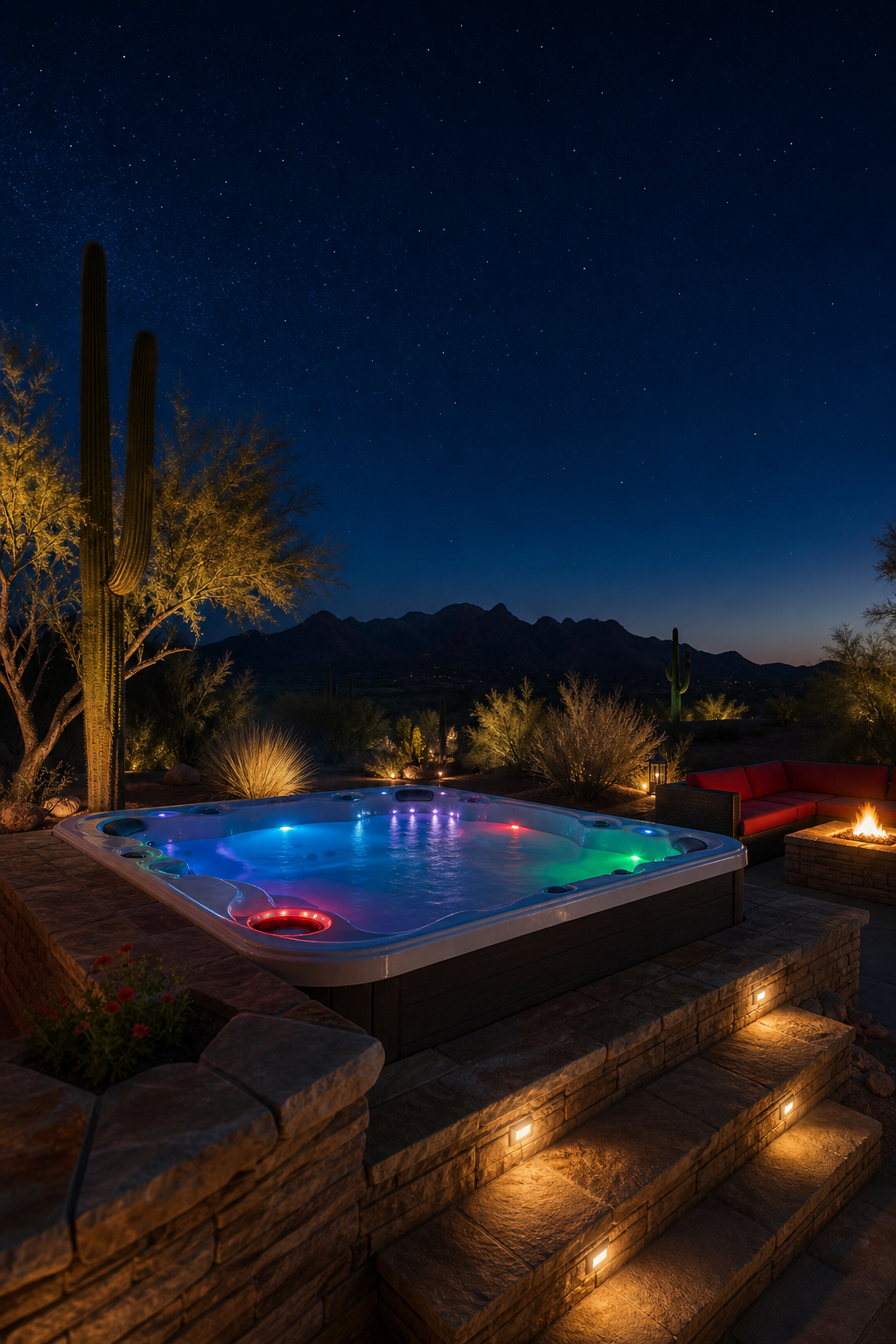 A night‑time desert backyard showing a hot tub glowing with multi‑color LED lights, surrounded by low‑profile stone step