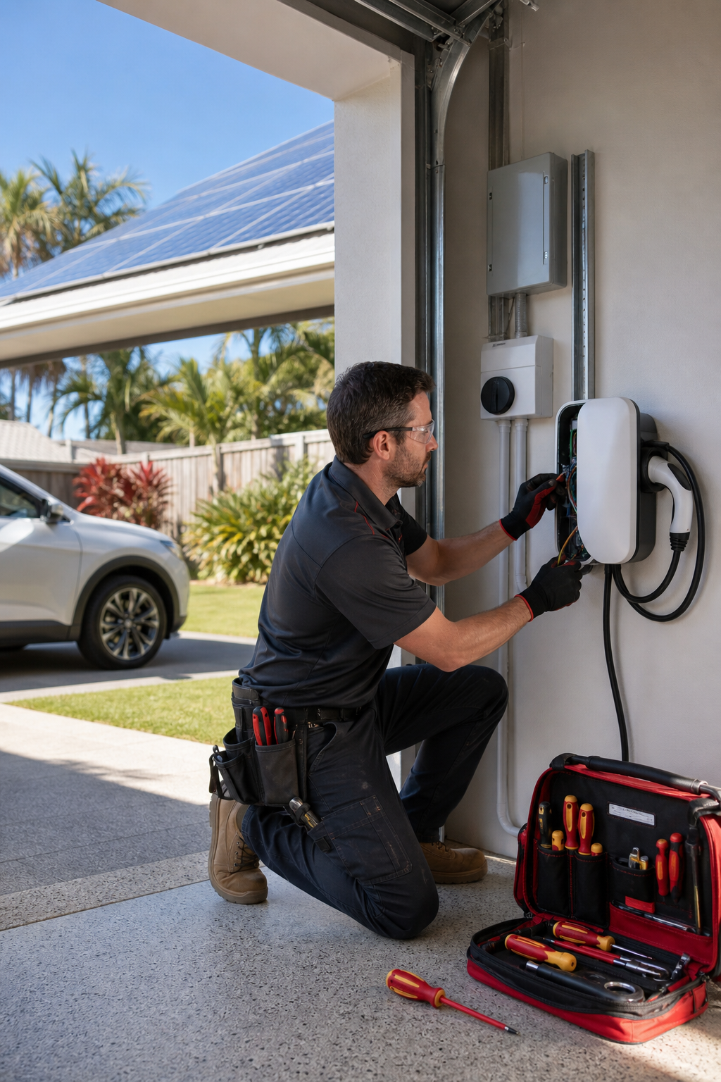 A realistic scene of a licensed electrician installing a wall‑mounted EV charger in a Queensland garage, with solar pane