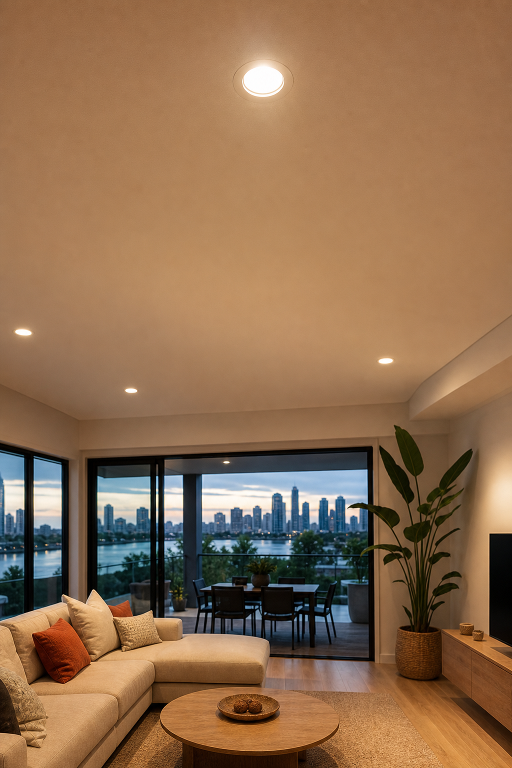 A realistic rendering of a modern LED downlight installed in a Brisbane home ceiling, showing warm light spreading, high