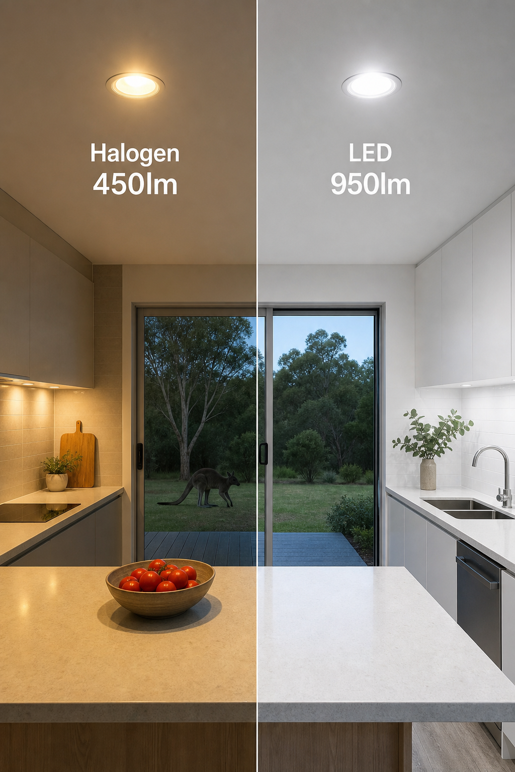 A photorealistic split‑screen showing a halogen downlight on the left and a bright LED downlight on the right, with lume