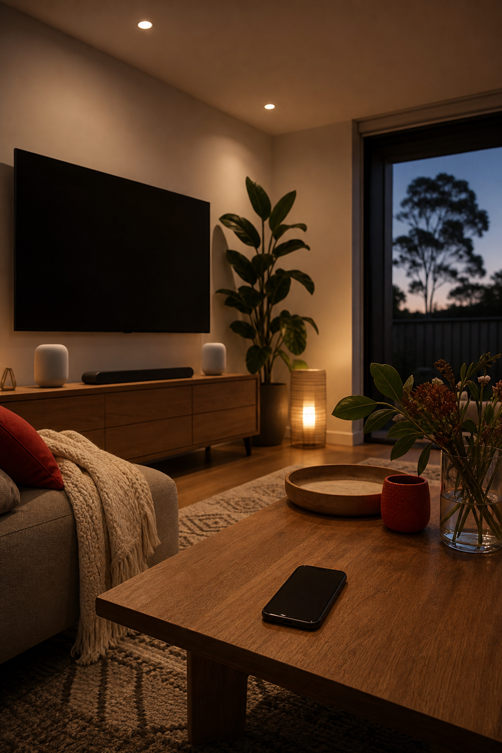 Apple HomeKit controlling lights and audio in a modern home