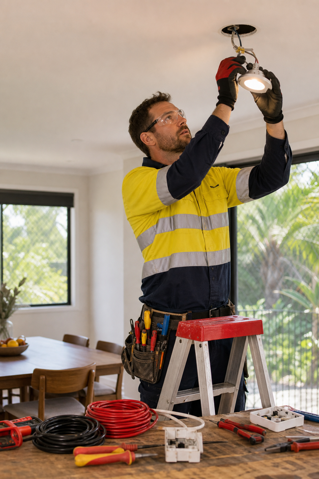 electrician inspecting flickering ceiling light in Australian home