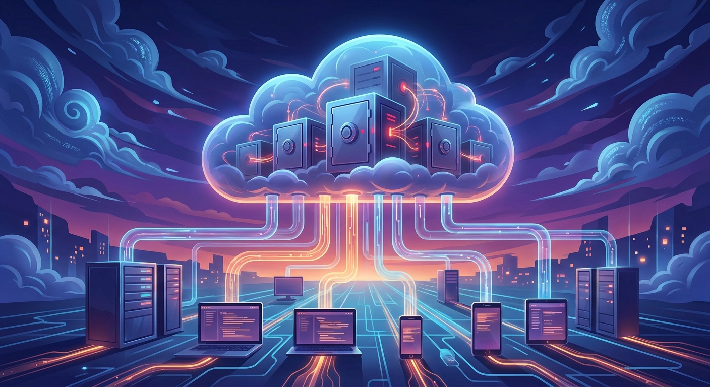 Illustration of cloud backup solution architecture, showing data pipelines and secure storage.