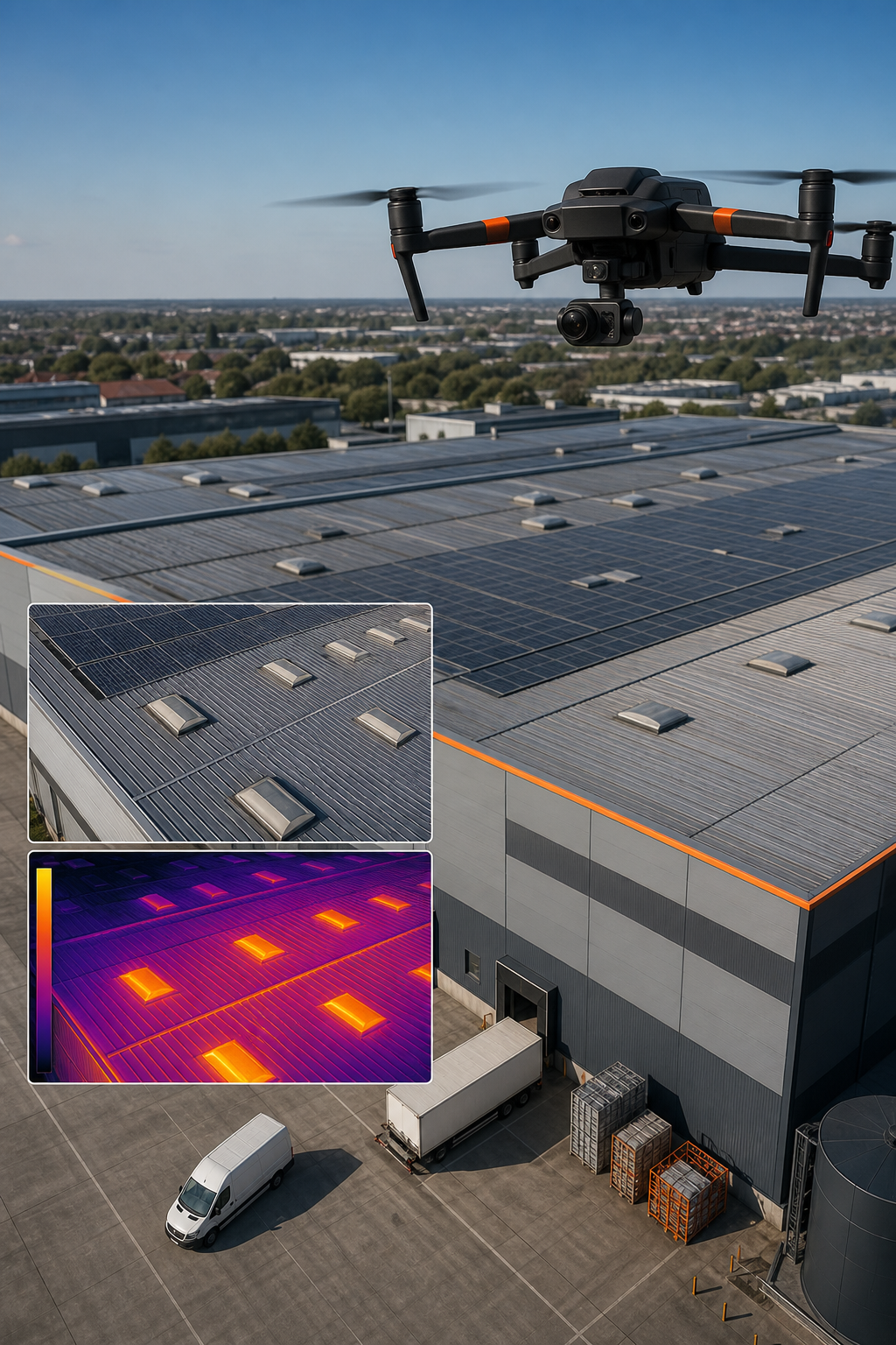 A realistic aerial view of a drone inspecting a large commercial warehouse roof, showing high‑resolution camera and ther