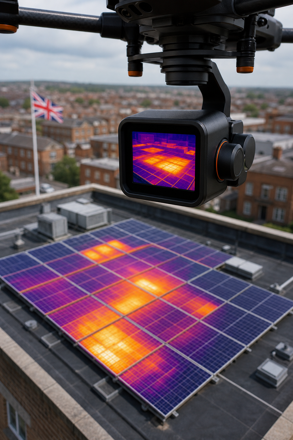 Close‑up of a drone’s thermal camera mounted on a UAV, scanning a flat roof with solar panels, highlighting heat signatu