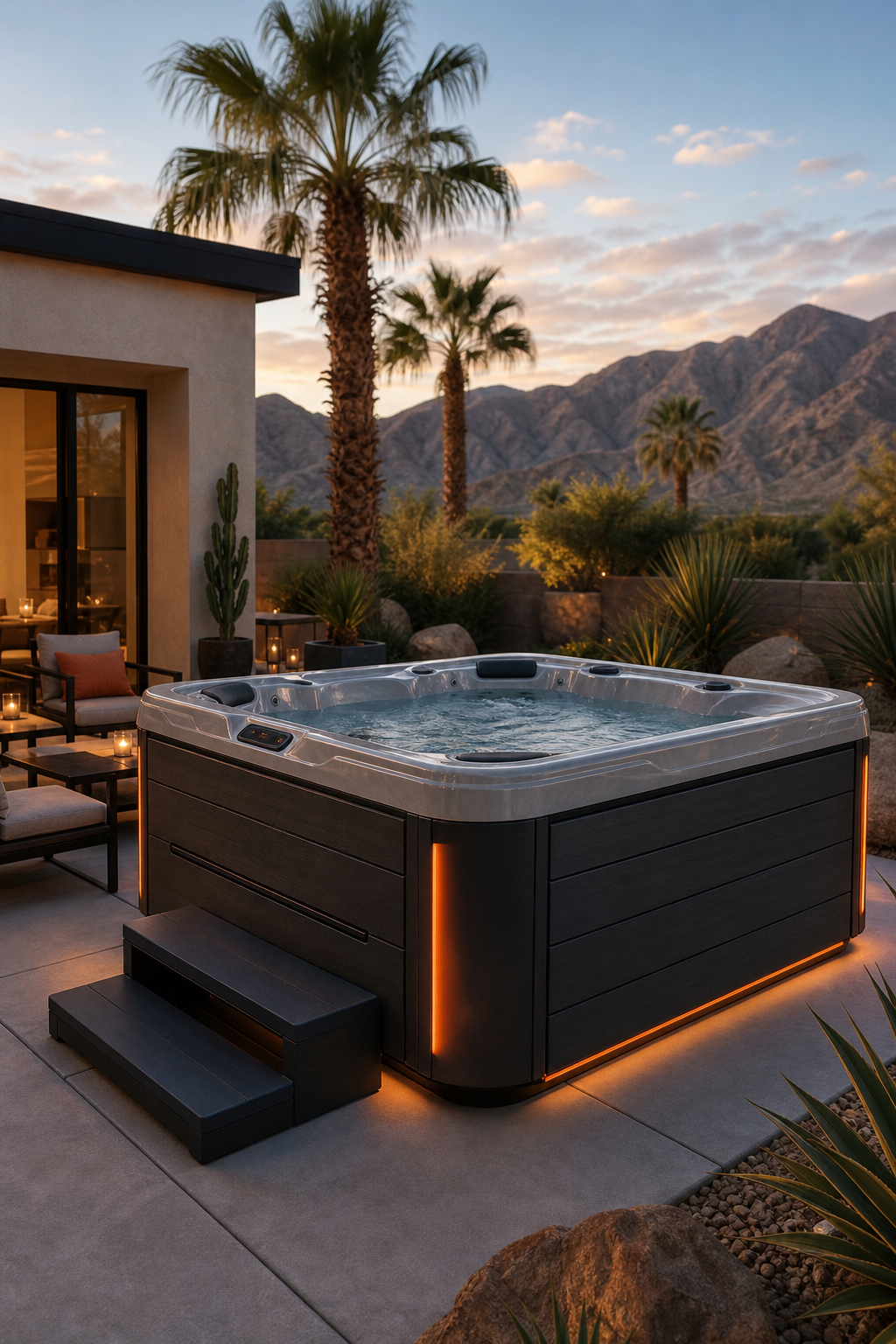 luxury hot tub on concrete pad in desert setting.