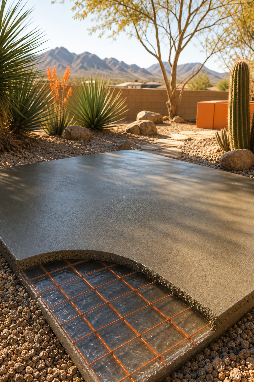 poured concrete pad for hot tub in desert yard.