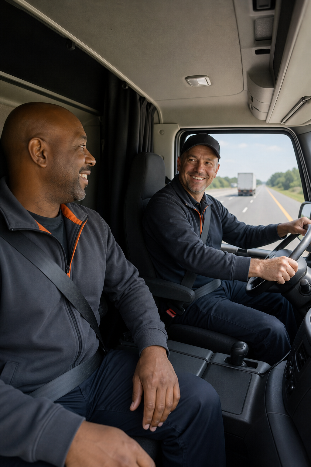 Team drivers in a FedEx linehaul truck enjoying safety and home‑weekly schedule.