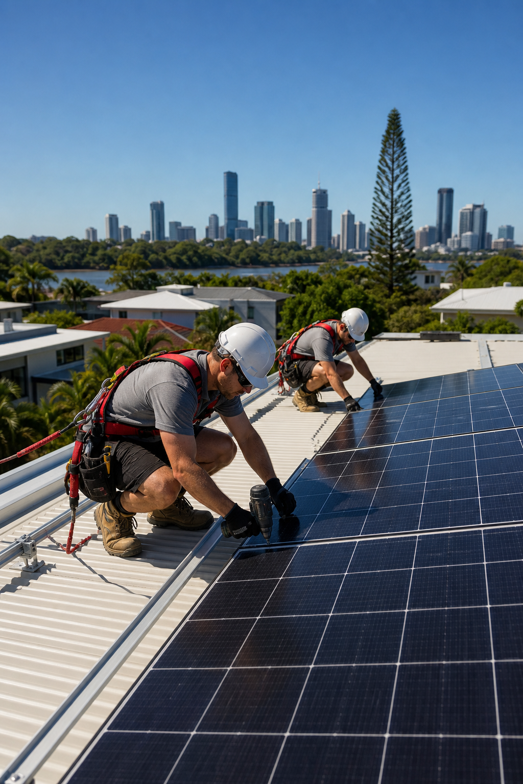 A realistic rooftop with solar panels being installed by licensed electricians in Brisbane, bright daylight, clear sky,