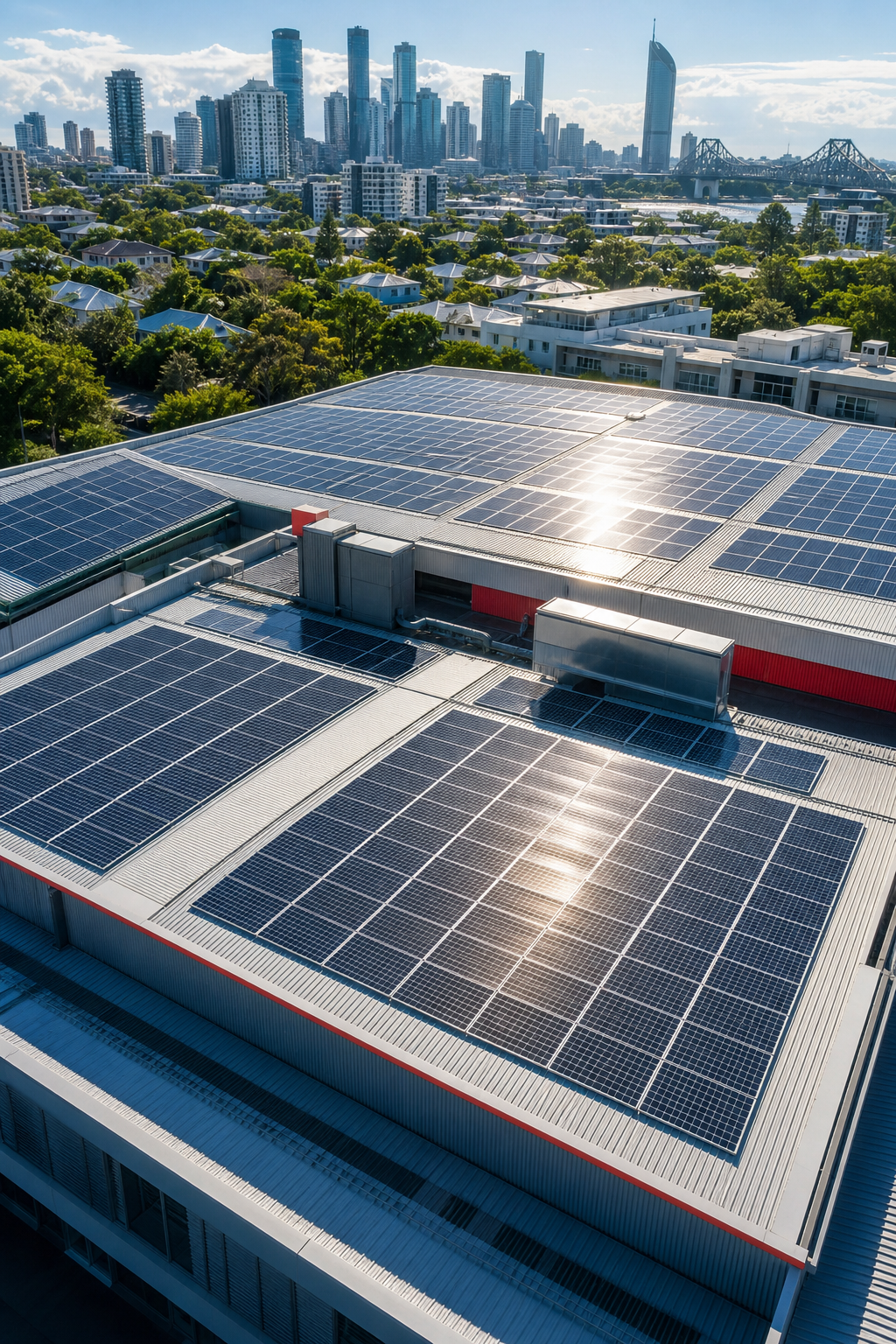 A photorealistic aerial view of a Brisbane rooftop packed with solar panels, clear layout lines, sun glare, alt: large‑s