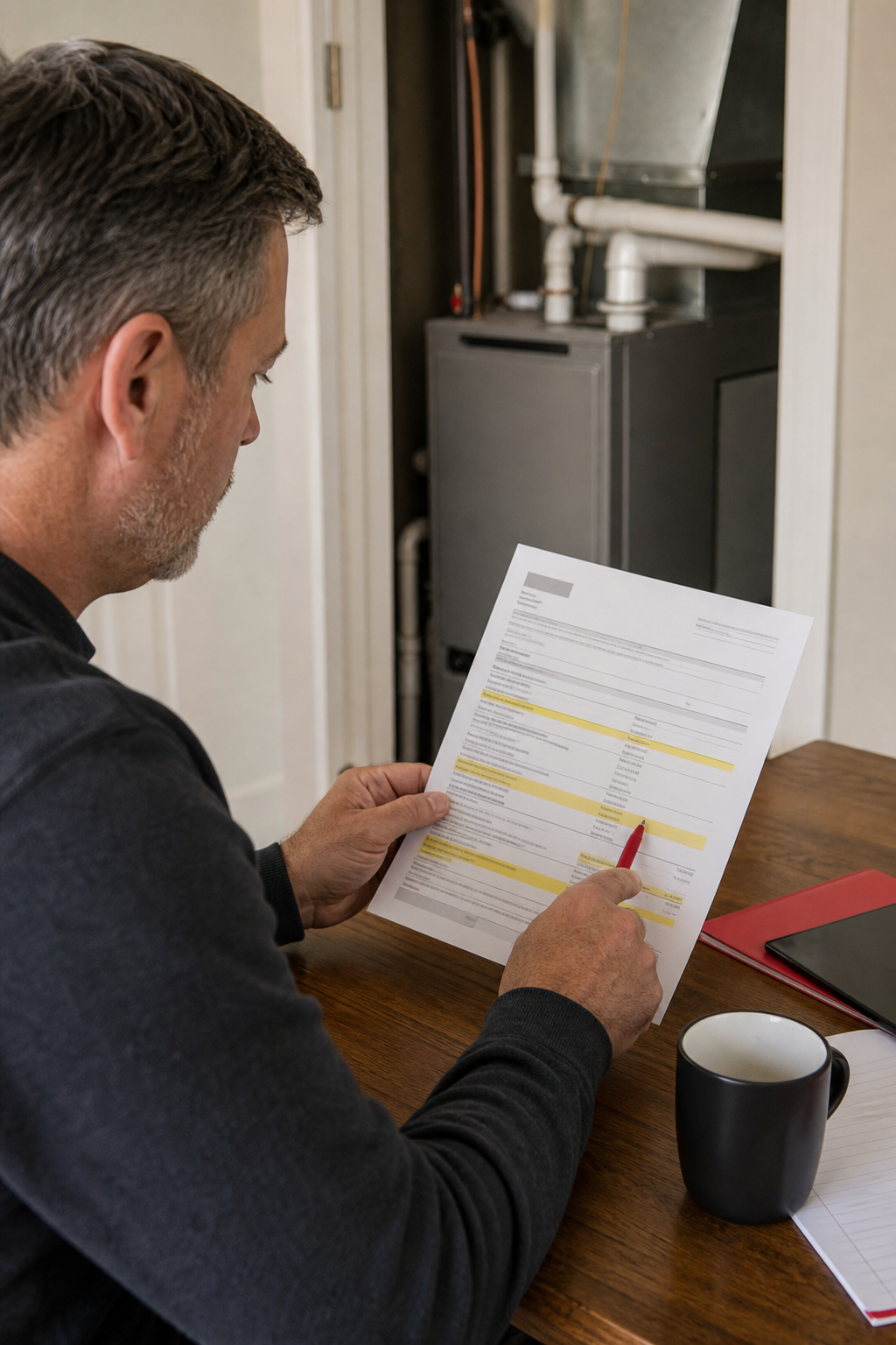 A realistic illustration of a homeowner reviewing a financing contract with highlighted fee sections, alt: hidden fees i