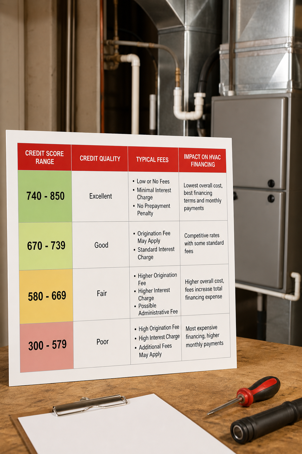 A realistic diagram showing credit score ranges with corresponding fee types, alt: credit score impact on HVAC financing