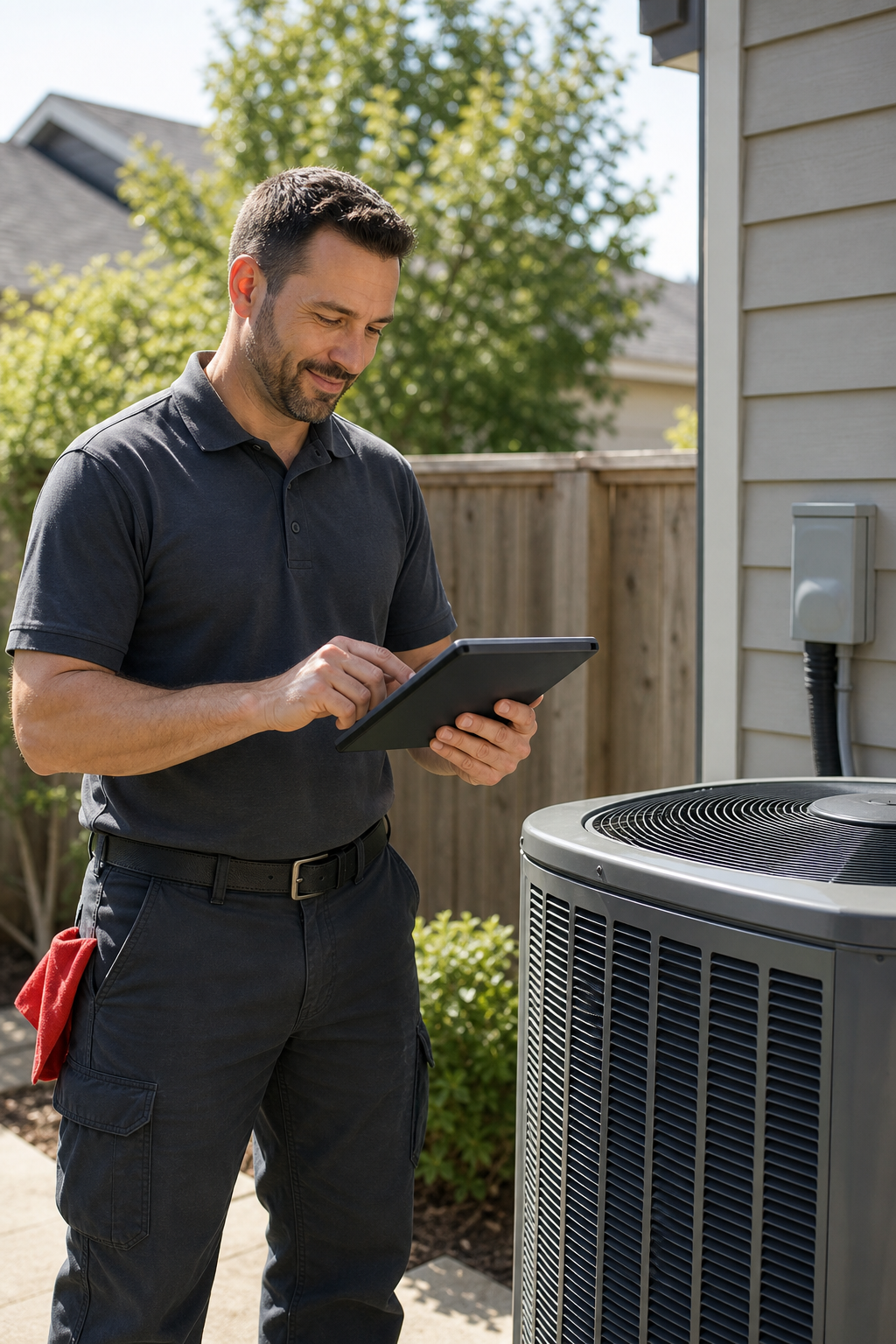 A realistic scene of a friendly HVAC technician reviewing a digital service checklist on a tablet while standing beside 