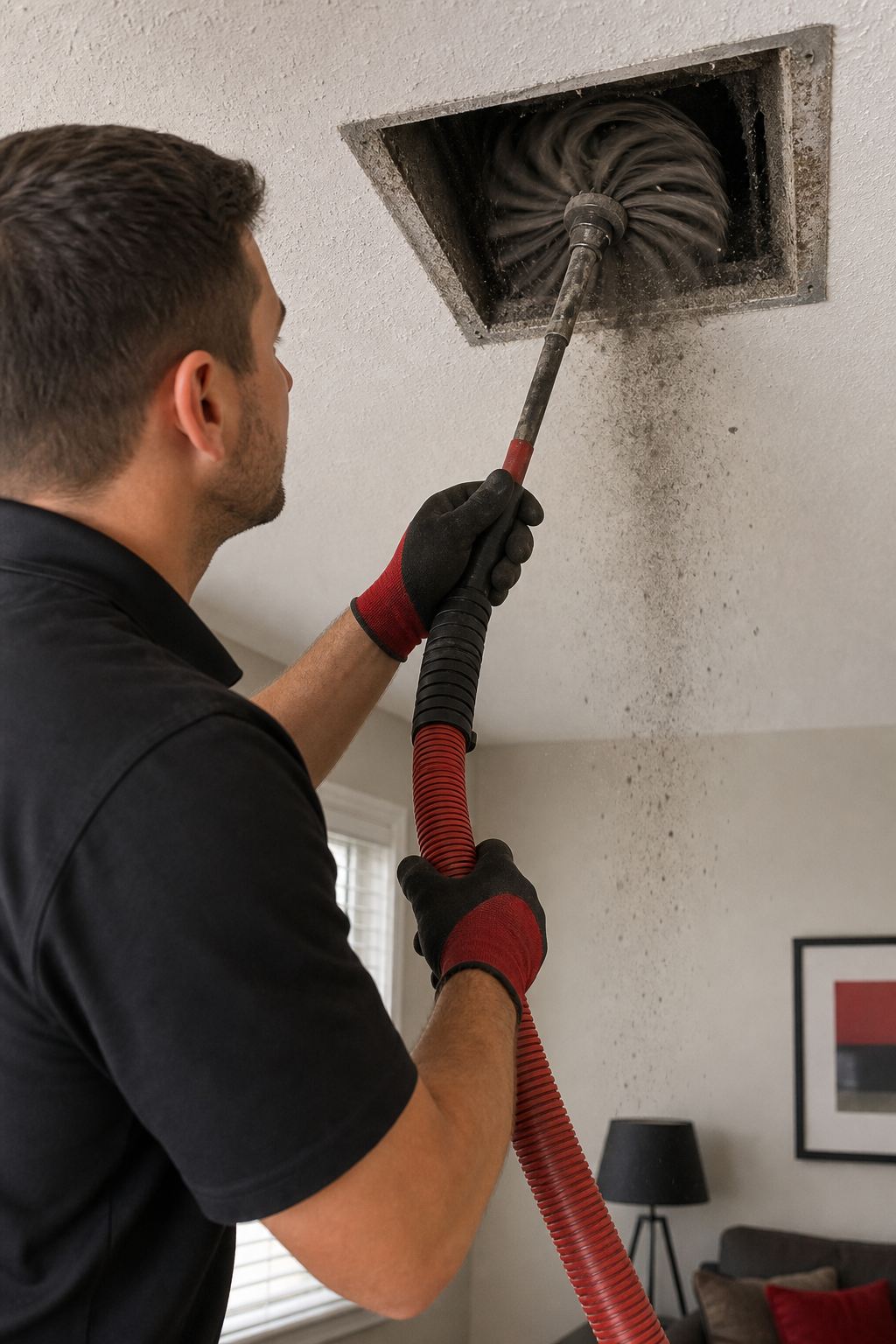 A realistic illustration of a technician using a rotary duct‑cleaning brush inside a home’s ventilation system, showing 