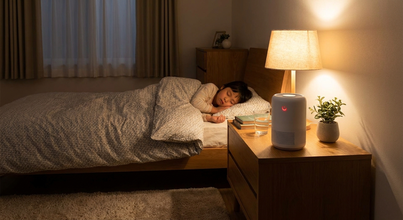A realistic scene showing a sleek HEPA air purifier on a nightstand next to a sleeping child, soft lighting, warm bedroo