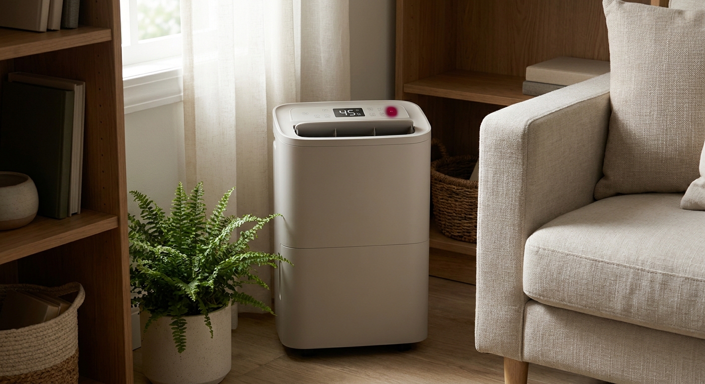 A realistic illustration of a compact dehumidifier in a living room corner, humidity readout on display, soft natural li